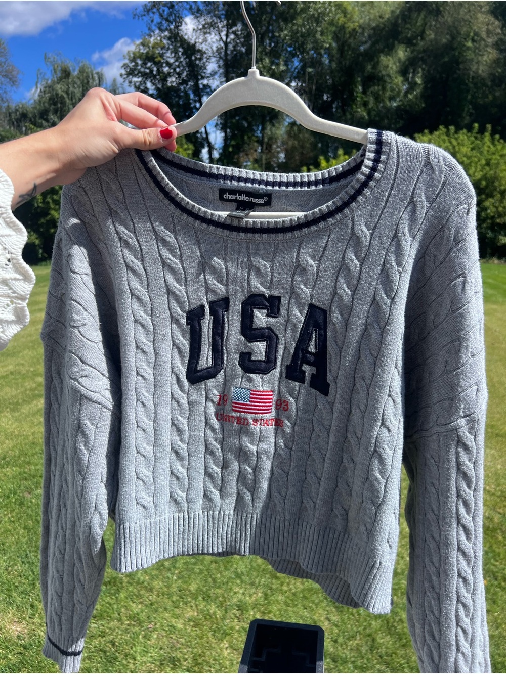 Charlotte Russe Grey Cable Knit USA Flag Cropped Sweater XL